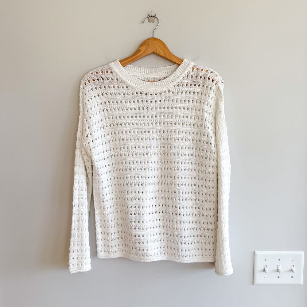 Women's Open Knit Crochet Crew Neck Long Sleeve Pull Over Sweater White S